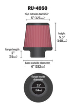Load image into Gallery viewer, K&amp;N Filter Universal Rubber Filter 2 1/2 inch Flange 6 inch Base 5 inch Top 5 1/2 inch Height
